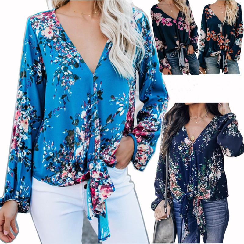 

Women' Blouse 2020 Fall New V-neck Long Sleeve Knotted Floral Print Retro Top Female Casual Loose Shirts Blusas Mujer De Moda, Dark blue