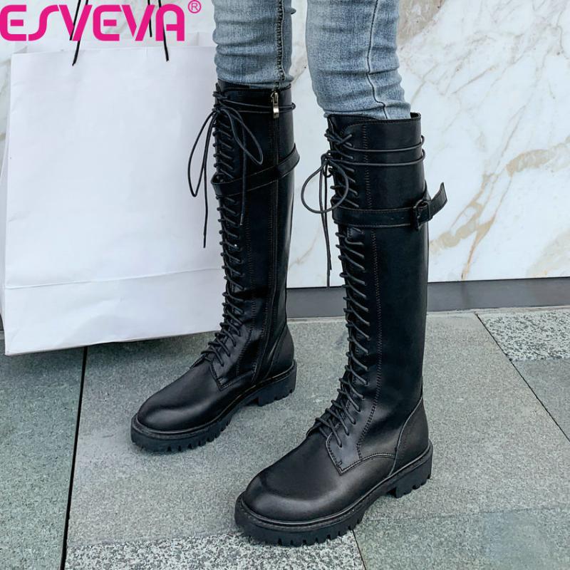 

ESVEVA 2020 Cow Patent Leather Quality Knee High Boots Autumn Winter Round Toe Square Heel Lace Up Zipper Women Shoes Size 34-40, Black-cow leather