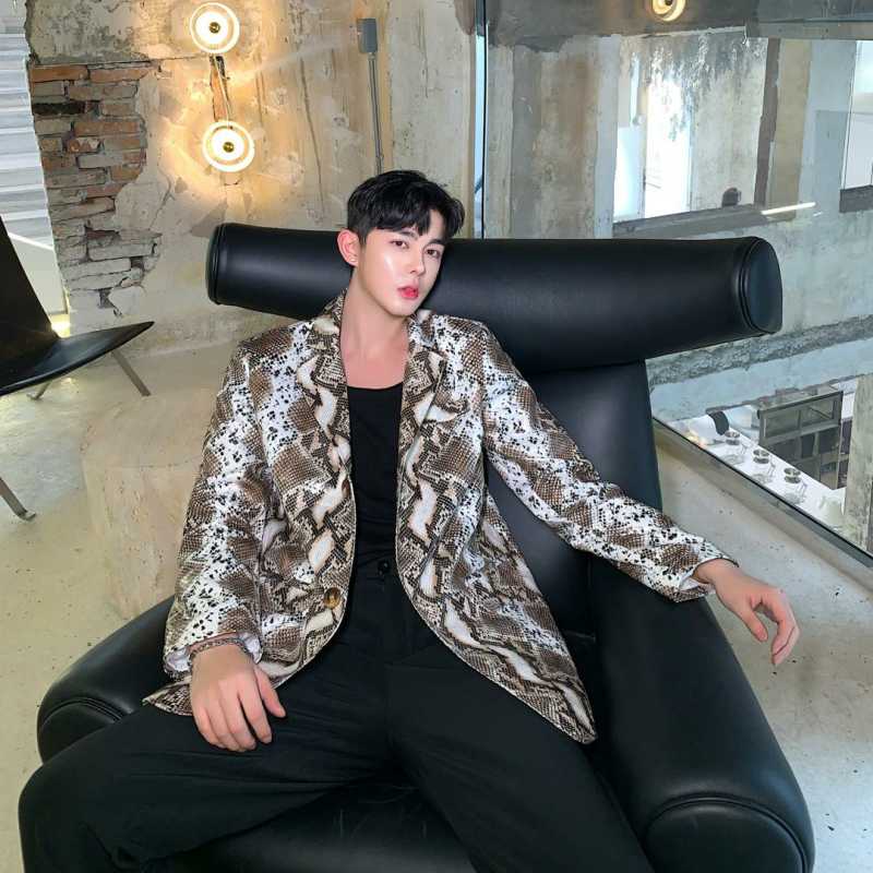 

Male Suit Coat Outerwear Stage Clothing Men Autumn Winter Snake Print Leather Blazer Suit Jacket Vintage Fashion Streetwear, Snake 1023