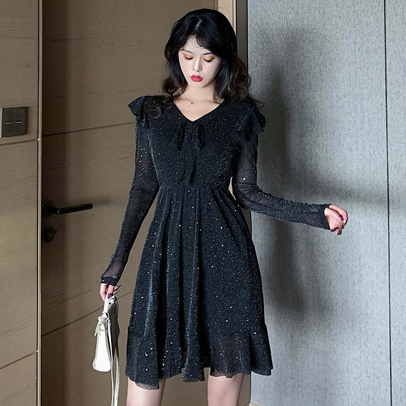 

COIGARSAM 4XL Plus Size French Style Women dress New Spring Vintage High Waist Dresses Black 8837