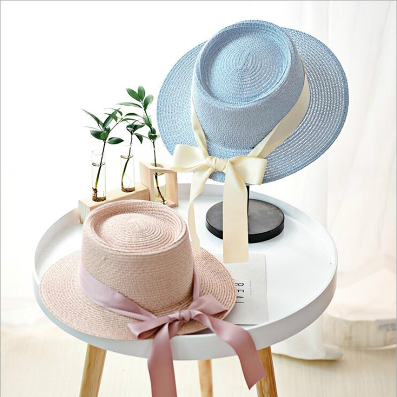 

Summer Sun Hats Women Fashion Girl Straw Hat Ribbon Bow Beach Hat Casual Straw Flat Top, Khaki