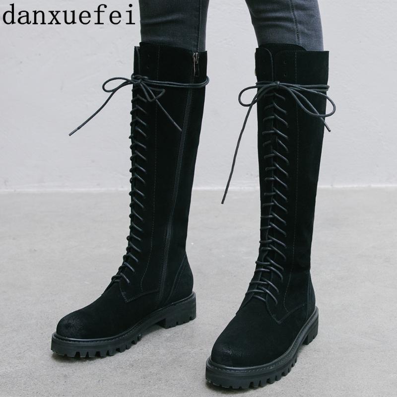

Women's natural suede leather flats knee high boots lace-up knight boots winter warm plush long high quality shoes women, Black