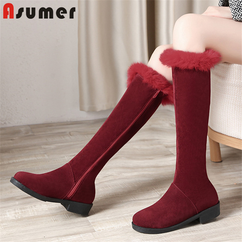 

ASUMER 2020 hot sale knee high boots women flock zip thick fur winter boots round toe comfortable low heels casual shoes woman, Black