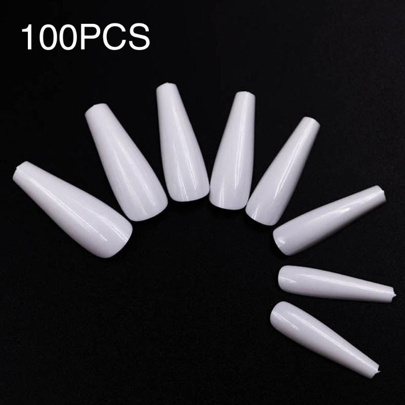 

100pcs Wedding 10 Sizes Coffin Fake Ballerina Full Cover False Nail Tips Natural With Box Home Salon Extra Long DIY Manicure, White