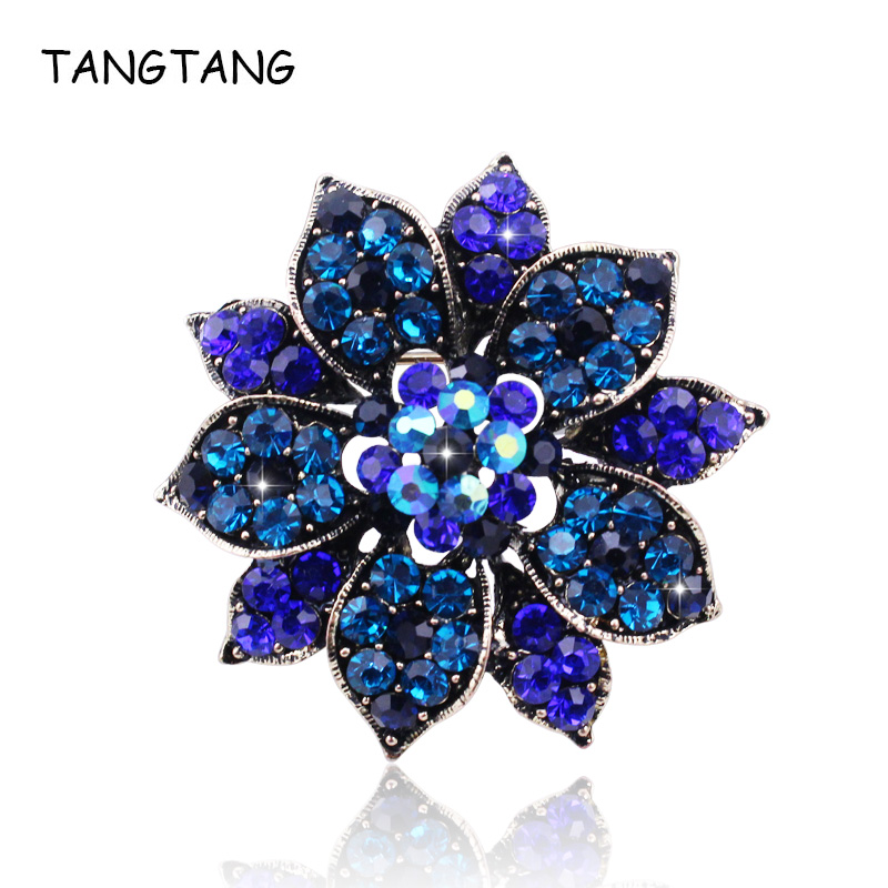 

Vintage Royal Deep Blue Crystal Flower Brooches And Pins Jewelry Charming Rhinestone Glamour Awesome Accessories Lapel Pins 2020