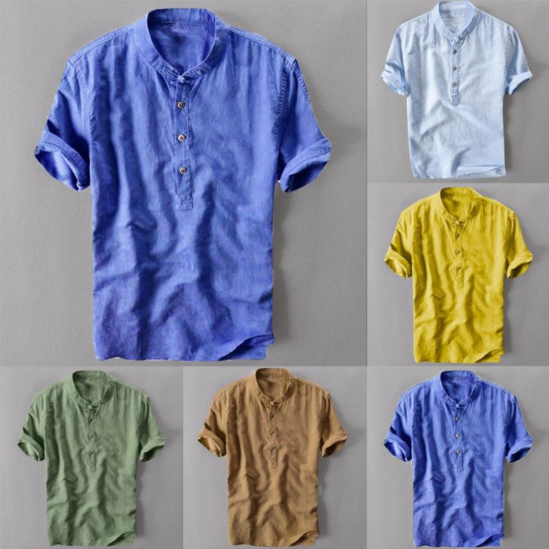 

Fashion Men's Shirts Hawaiian Button Casual Linen and Cotton Short Sleeve mens Top Blouse Shirt Summer Couple Dress Shirts men, Navy