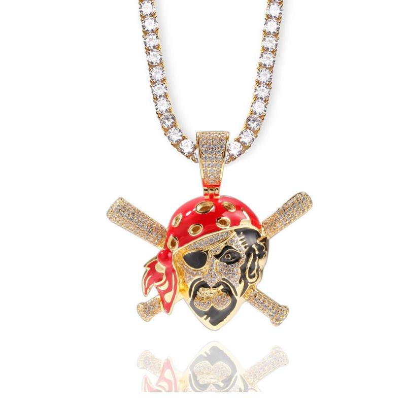 

New Hip Hop CZ Micro Inlaid Zircon Tennis Necklace Color Skull Pirate Pendant Necklace Jewelry