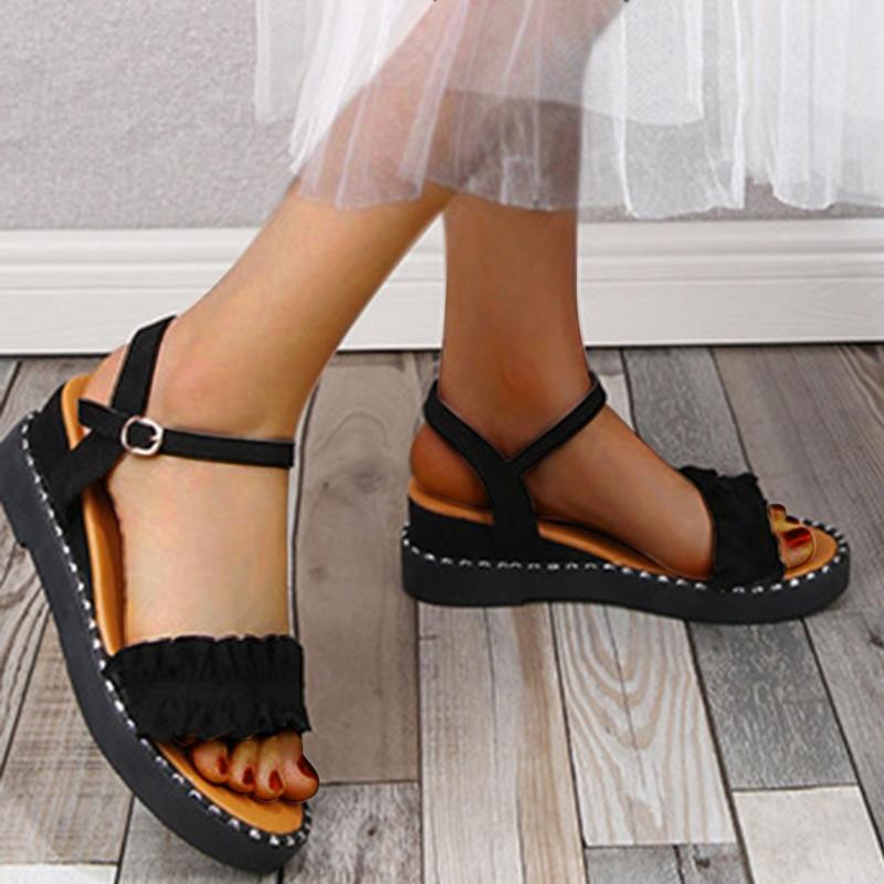 

Women Summer Buckle Ruffles Floral Wedges Sandals Ladies Height Increasing Sandals Shoes Women Platform Buty Damskie #3, Black