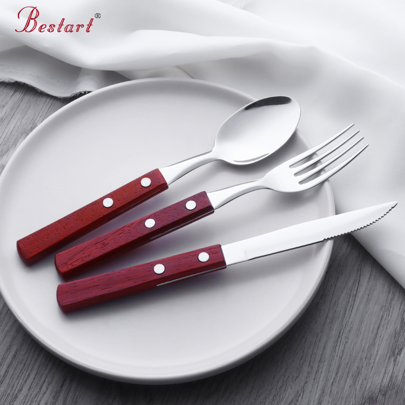 

3 Pcs/Set Wooden Dinnerware Handle Vintage Cutlery Stainless Steel Wood Knife Fork Spoon Outdoor Travel Flatware Set