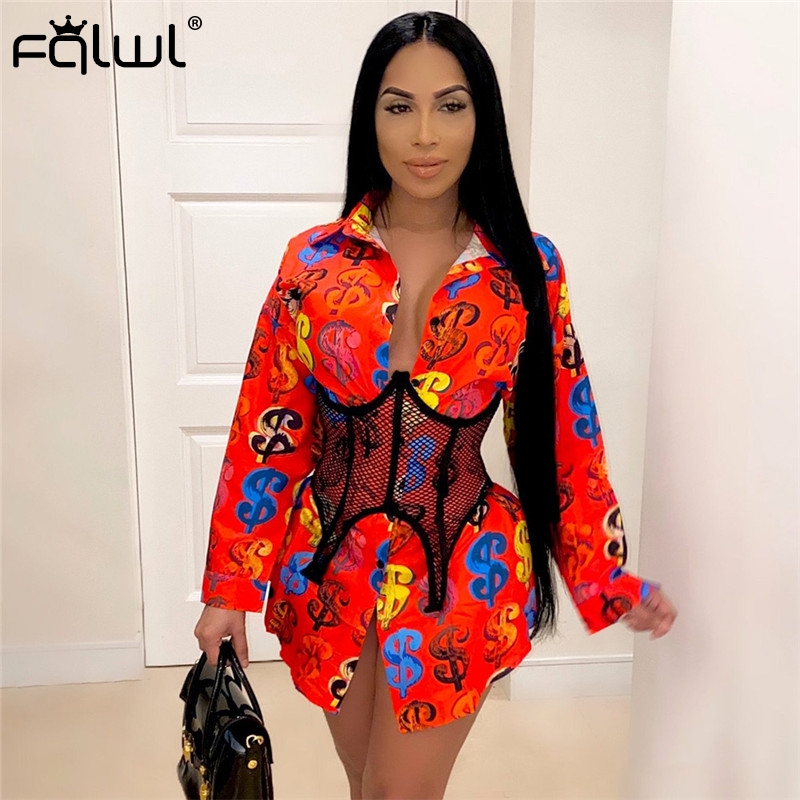 

FQLWL Dollar Print Red Long Sleeve Blouse Women Shirt Vintage Club Party Sexy Bodycon Blouse Women Blusas Autumn Blouses Female