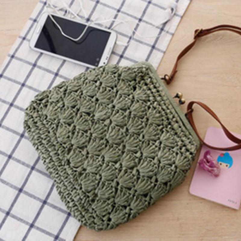 

Shoulder Bags College Wind Vintage Brass Buckle Woven Bag Shell Crochet Messenger Straw Travel Leisure Beach, Qian zong
