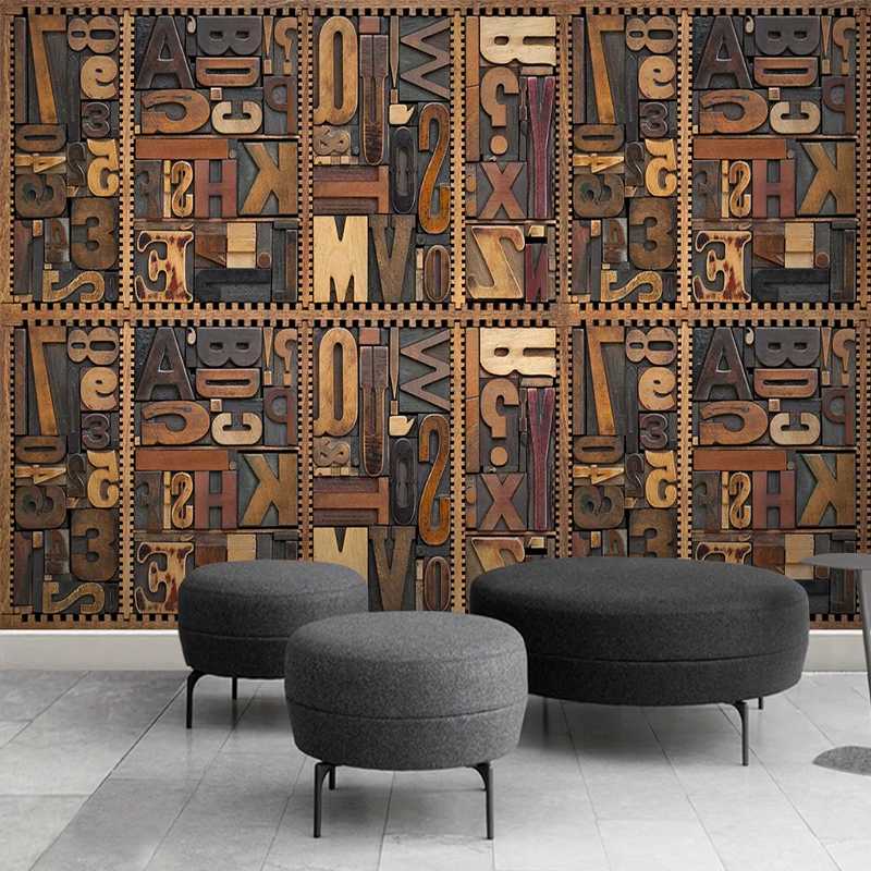 

Wood Carving English Alphabet 3D TV Background Wall Painting Living Room Study Room Self-adhesive Wall Sticker Mural Wallpaper, As pic