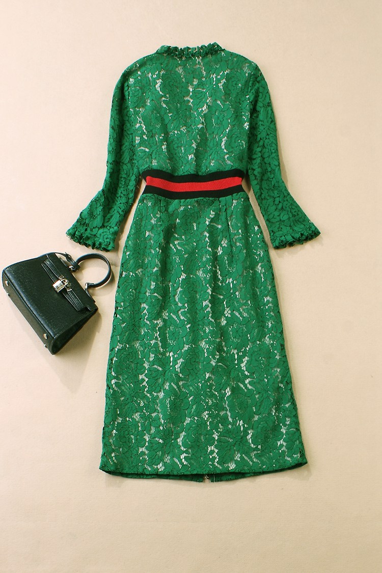 

801 2020 Free Shipping Summer A Line Long Sleeve Dress Prom Fashion V Neck Green Flora Print Mid Calf Brand Same Style As, As the picture