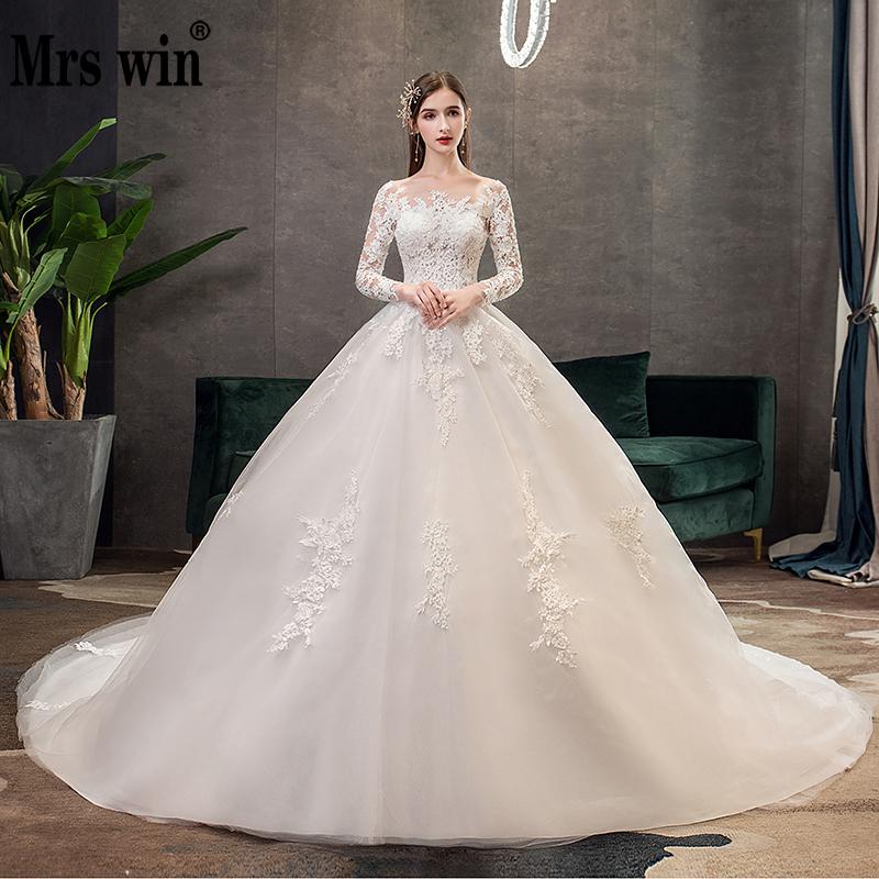 

Mrs Win Full Sleeve Wedding Dresses 2020 Lace New Luxury Muslim Ball Gown Wedding Dress Custom Made Vestido De Noiva X, Off white with train