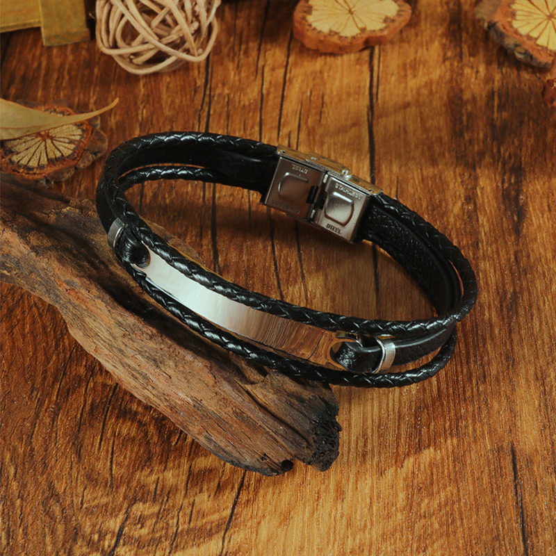 

Mens Leather Bracelet Black White Stainless Steel Bracelets Men Multiple Layers Woven Bangle Male Jewelry Fashion Vintage Gift