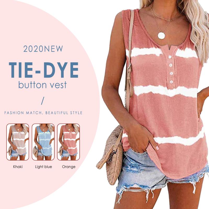 

Summer Plus Size T-shirt Tie Dye Stripe Tank Top for Women Sleeveless Casual Button Stripe Color Block Patchwork Vest T Shirt, Orange