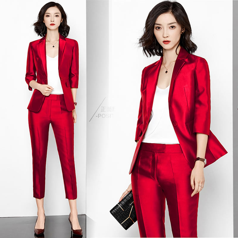 

Business Blazers Suits Style Women Elegant Notched Red Pink Blazers And Slim Pants Twinsets Black Clothing Set NS75