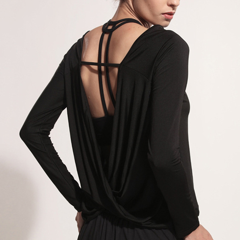 

BINAND Women Loose Halter Sexy Yoga Clothes Breathable Quick Dry Bandage Long Sleeve Solid Round Neck Sport Fitness Top, Black