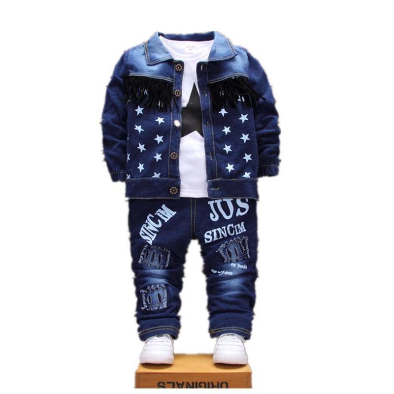 

2019 Boys Clothing Sets New Kids Cotton Suit Autumn Long - sleeved Three piece jacket+jeans+t-shirt fashion casual children su, Blue