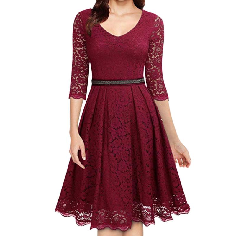 

Womail Lace Dress Plus Size Fashion Women Zipper Beaded V-Neck Solid Three Quarter Dress Autumn Dresses 2020, We
