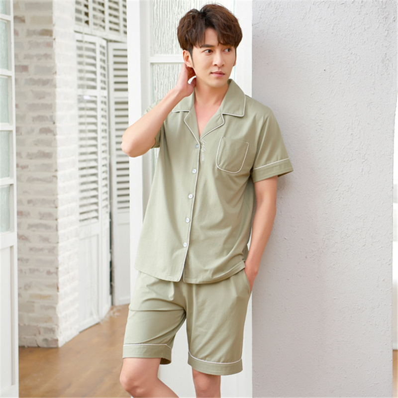 

Pajamas men's summer short-sleeved Korean casual and soft home wear can wear solid color Sleepwear suits pyjama homme, Light green