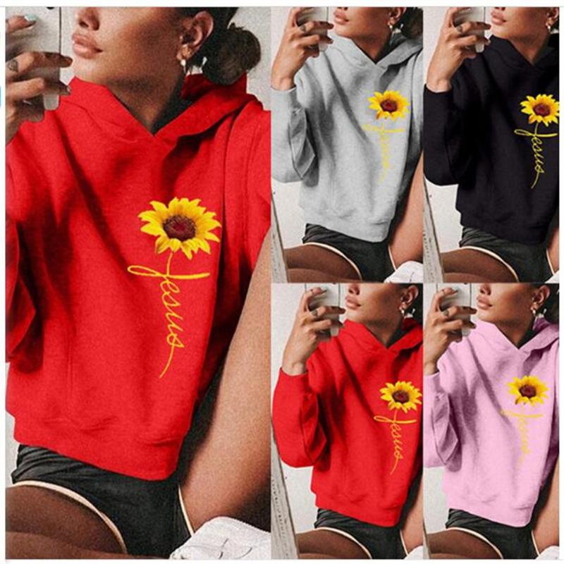 

Fashion Hoodies Top 2020 Women Little Daisy Printing Long Sleeve Hooded Sweatshirt Street fashion Casual Loose Short Sweatshirt, Black 1