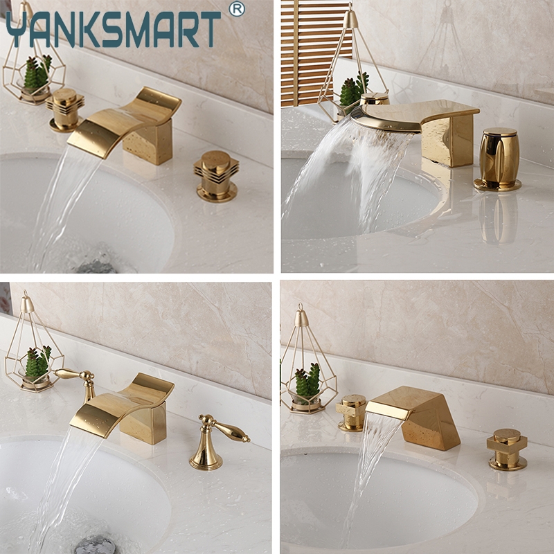 

Golden Deck Mounted Wash Basin Bathroom Faucet Set Waterfall Spray Double Handle Faucet Hot & Cold Mixer Taps Combo