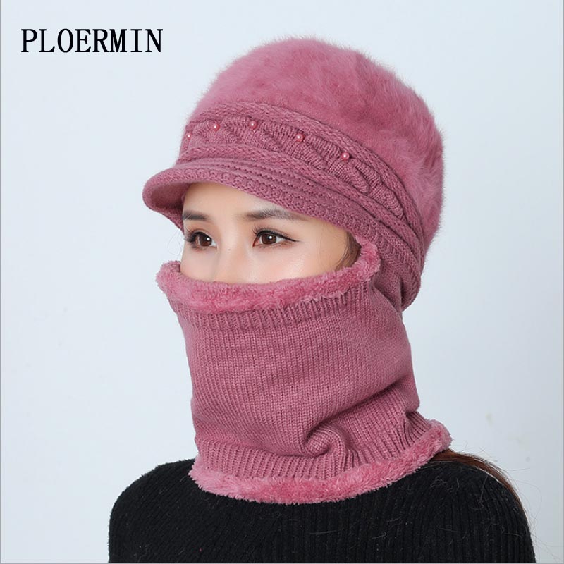 

Women Skullies Beanies Winter Mother Hat Pearl fur Knitted Hat Scarf Female Hats For Women Wool Beanie Cap Mask, Red