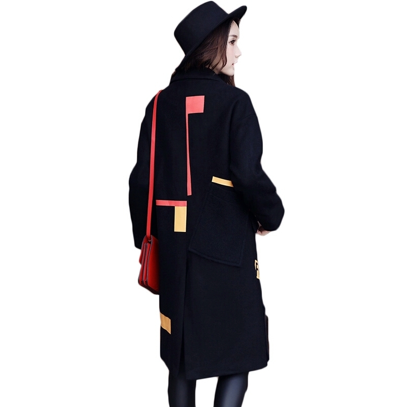 

Jacket Woolen Women Long Section Autumn Winter New The Embroidery Cashmere Student Thin Woolen Coat Plus Size Trench Overcoat CY, Black