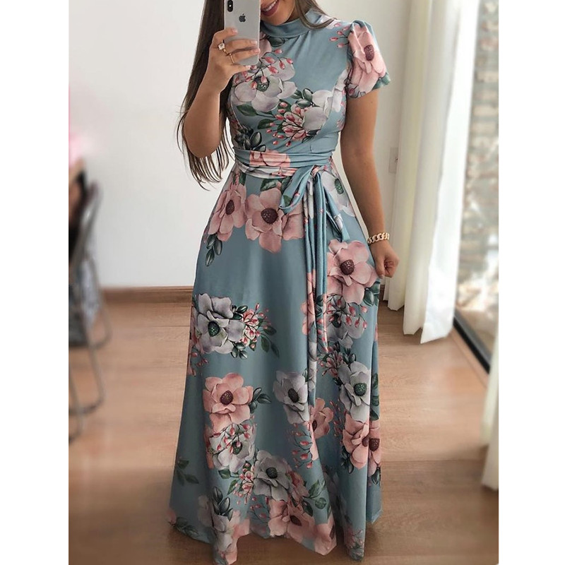 

Plus Size Spring Autumn Womne' Dress Bohomia Flower Print Maixi Dresses Fashion Belt Tunic Boho Eveing Party Midi Dress Vestido, Navy