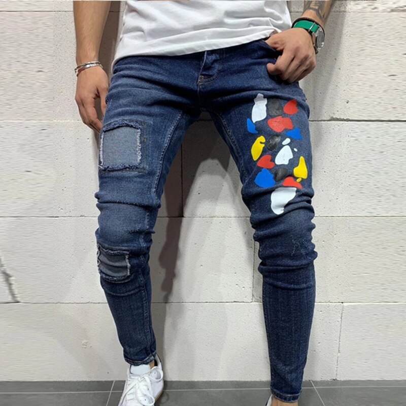 

Men Ripped Jeans Slim Fit Denim Pant Biker Hip Hop Jeans Hole Taped Colorful Dot Print Skinny Distressed Denim Trouser, Blue 2