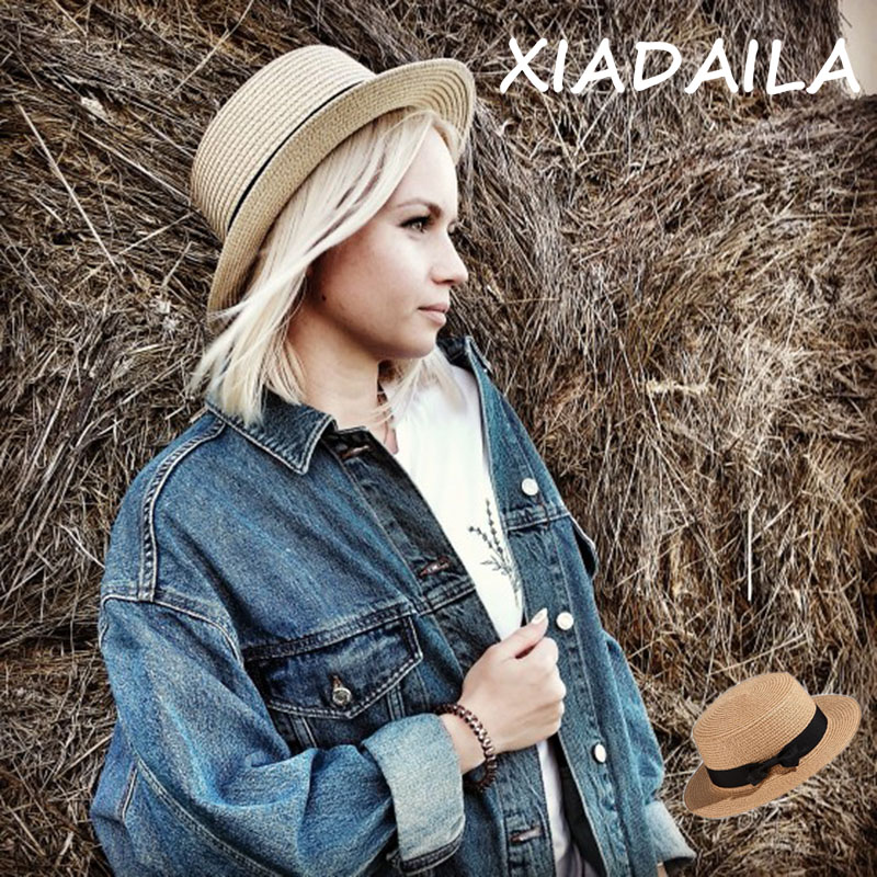 

2020 simple Summer Parent-child Beach Hat Female Casual Panama Hat Lady Brand Women Flat brim Bowknot Straw cap girls Sun, Pink