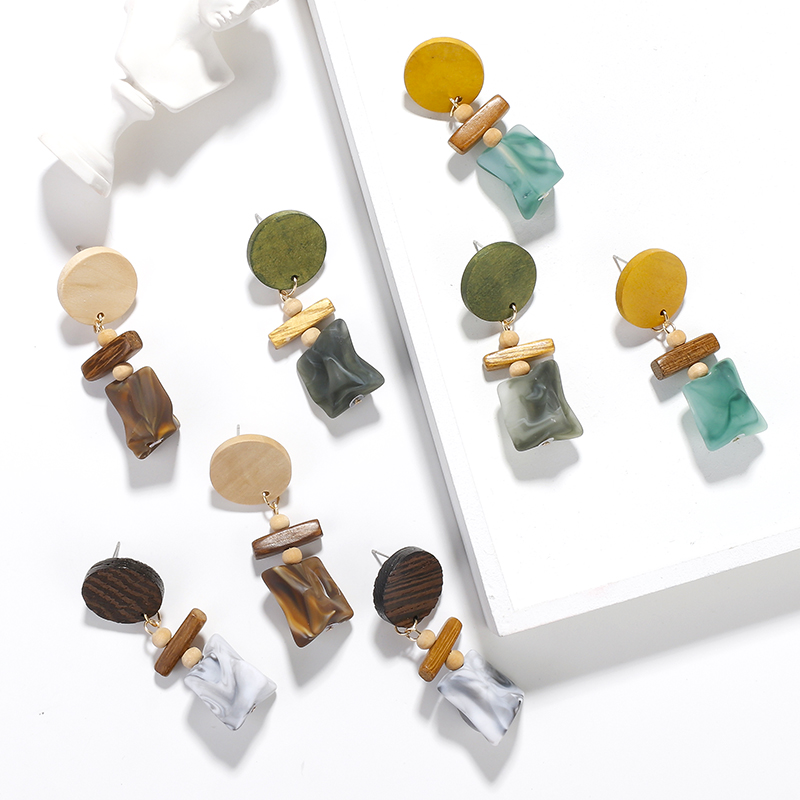 

Dangle & Chandelier AENSOA Korean Wooden Mosaic Resin Drop Earrings Vintage Geometric Wood Statement Long For Women Fashion Gift Jewelry