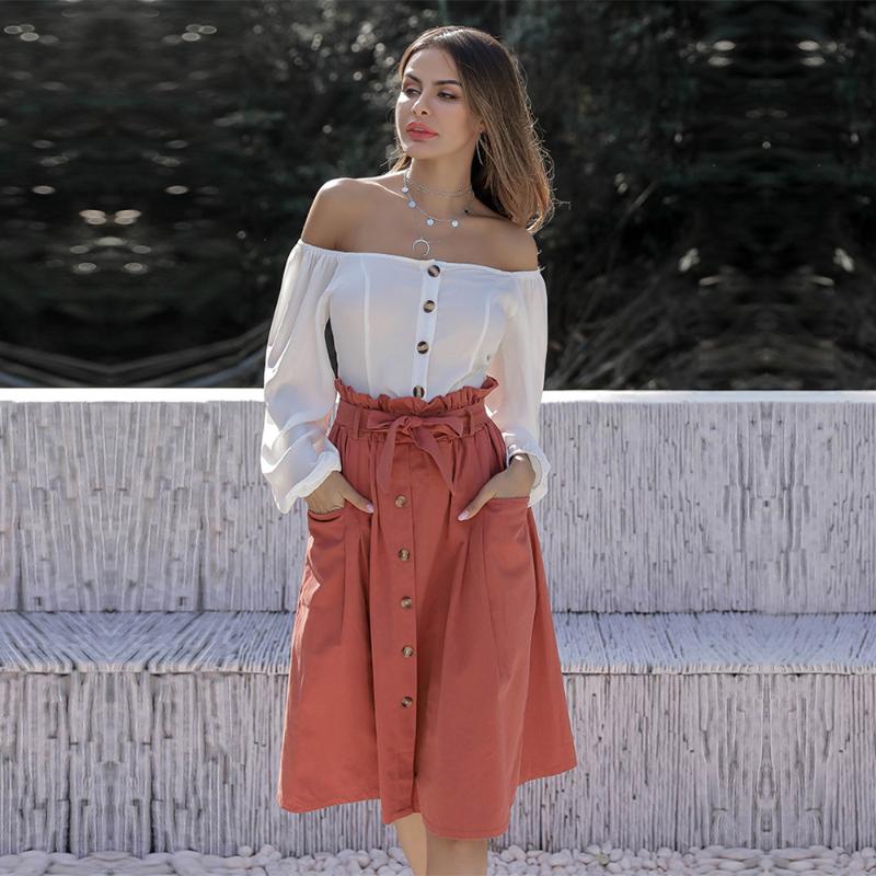 

Women Stylish Pocket Solid Color Skirt Summer Lace up High Waist Fashion Button Decoration Pocket Skirt for Ladies Girls, Blue