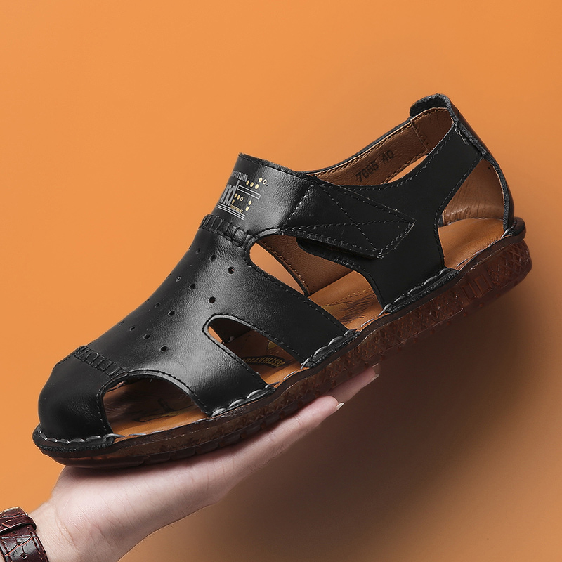 

Men's Sandals Summer Soft Sandals Comfortable Men Shoes Genuine Leather Big Size Outdoor Beach Men Roman, Black