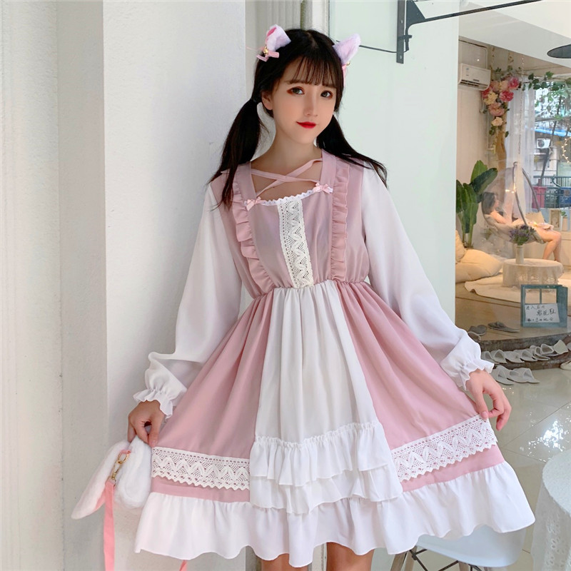 

2020 Japanese Korea Vestidos Femininos Cosplay Retro Lady Lolita Dress Sweet Party Dress Kawaii Ruffles Mori Girl Preppy, Black