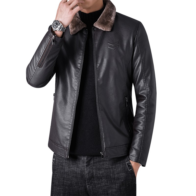 

2020 Winter Jacket Fur Leather For Men Warm Turn-down Collar Mens Faux Leather Jacket Slim Zipper Pocket Black Male Vintage Coat