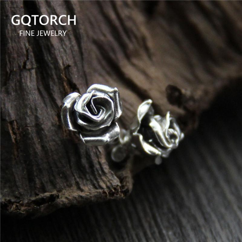 

Elegant Real 925 Sterling Silver Handmade Rose Earrings Flowers Earring Studs For Women Artistic Vintage Style Nickel Free