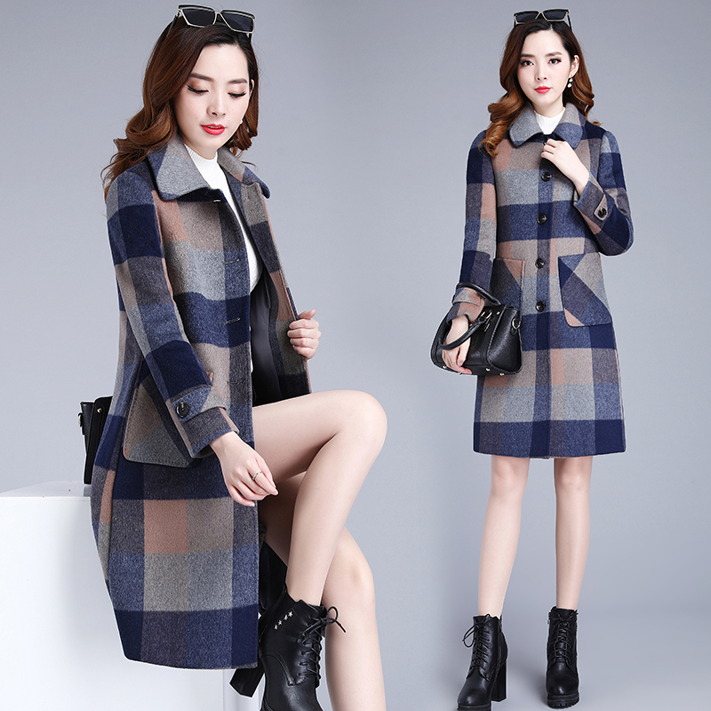 

Luxury clothes large size Cashmere wool coat female Autumn Winter New long Elegant women's coats popular Plaid woolen Outerwear, Blue