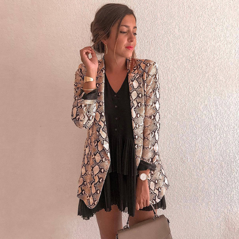 

2020 Spring Autumn Chic Women Blazer Snakeskin Print Fake Pocket Open Front Long Sleeve Work Office Casual Coat Outerwear Brown