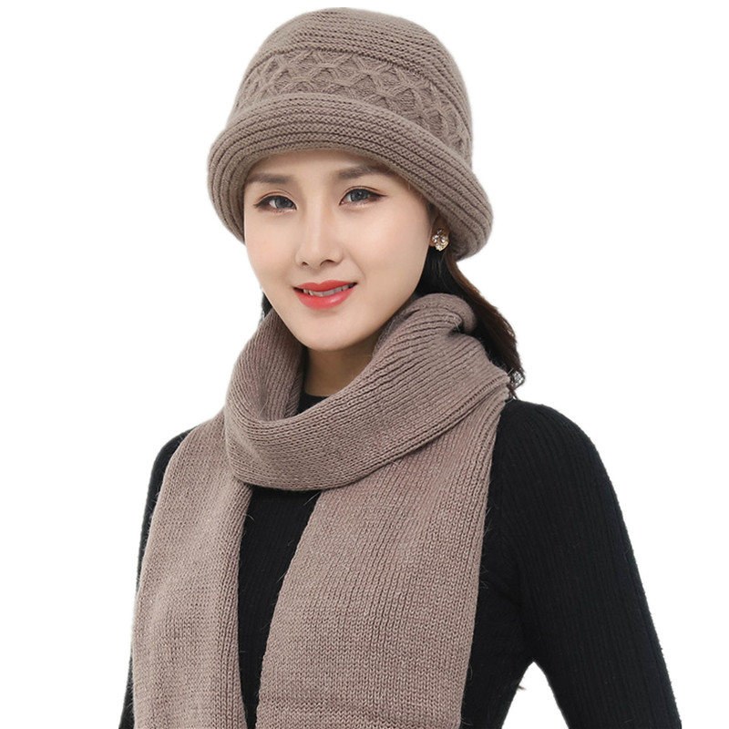 

2020 New Knitted Fur Winter Hat Scarf Set Women Thick Cotton Beanies Scarf Female Mom Warm Winter Accessories Girls Gift, Khaki