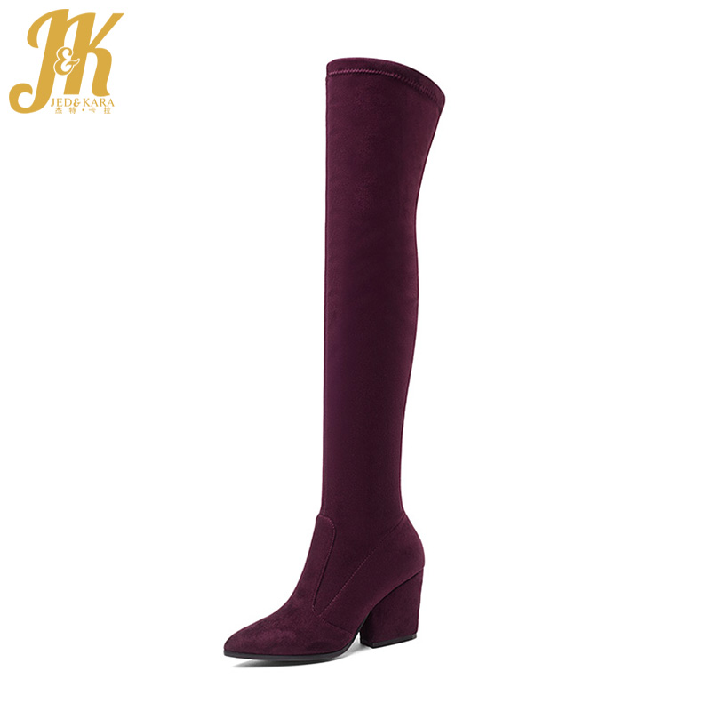 

JK Latest Fashion Stretch Over Knee Boot Women Pointy toe Thick High Heels Shoes Winter Sexy Lady Thigh High Boot Big Size, Red