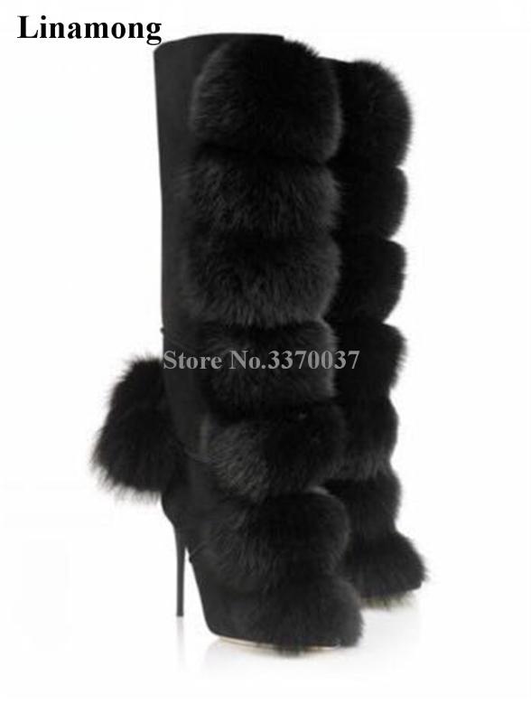 

Women Charming High Quality Mink Hair Decorative Knee High Stiletto Heel Boots Zip Fur Ball Design Heel Winter Boots, As pic