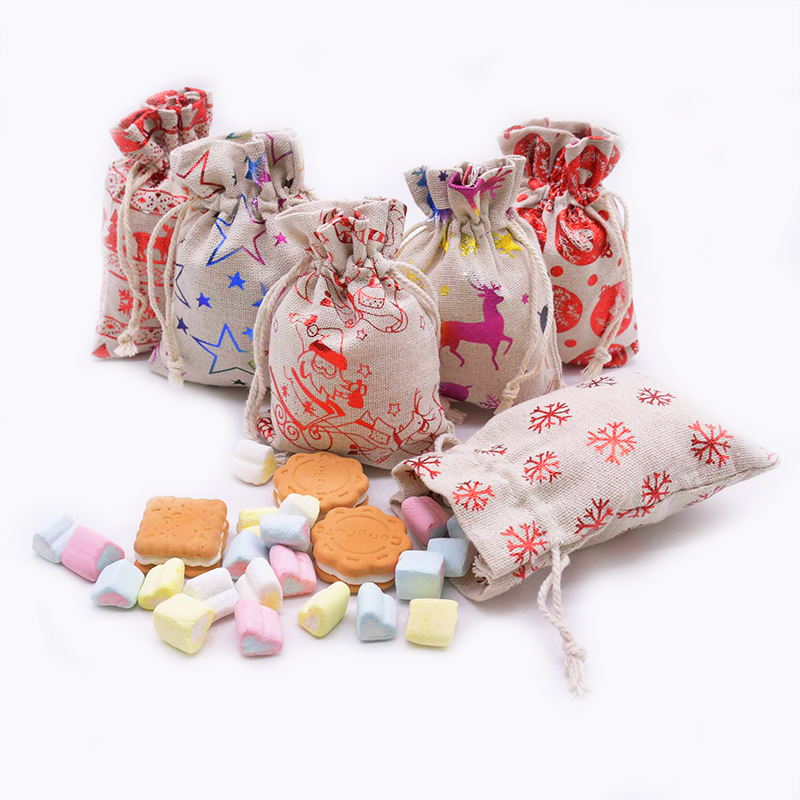 

10Pcs 10X14cm Natural Vintage Burlap Candy Drawstring Pocket Snowflake Printing Burlap Bag Wedding Christmas Favor Package