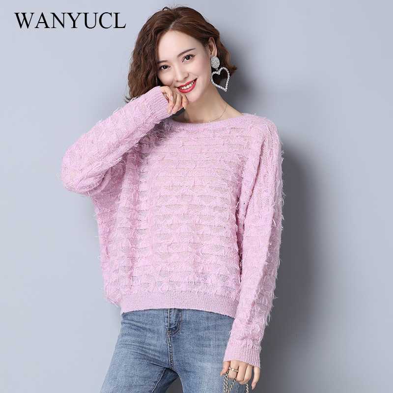 

WANYUCL sweater women 2020 autumn new Korean version of loose solid color long-sleeved knitted bottoming shirt round neck top, Pink