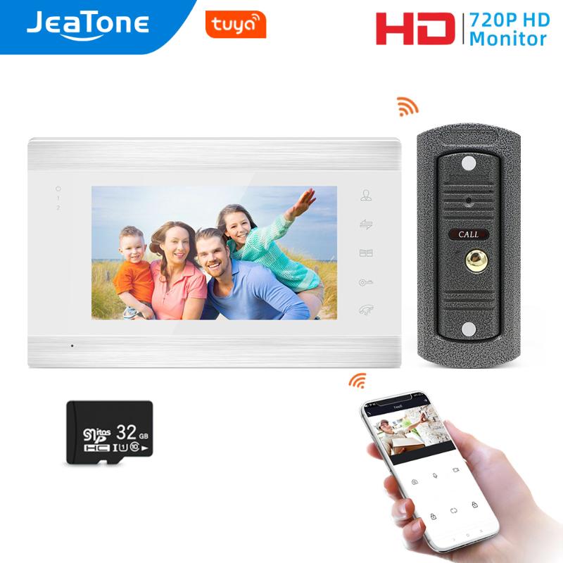 

Jeatone WiFi Tuya 7''White Video Door Phone Intercom System with 720P/AHD Wired Doorbell Camera Remote Unlock Motion Detection