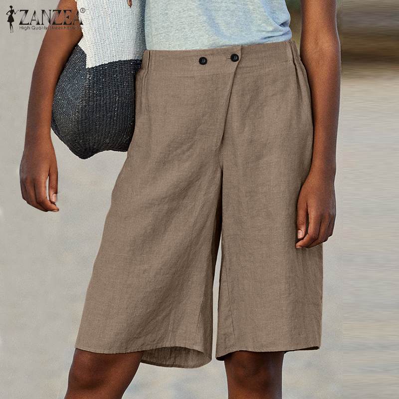 

Fashion ZANZEA Summer Shorts Casual Women Elastic Waist Shorts Female Elegant Wide Leg Trousers Solid Loose, Black