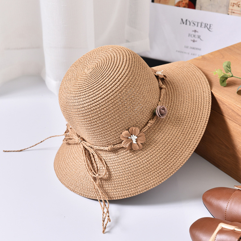

HT1555 2020 New Women Summer Sun Hats Flower Band Solid Wide Brim Hats Ladies Casual Floppy Beach Female Panama Bucket Hat, Khaki