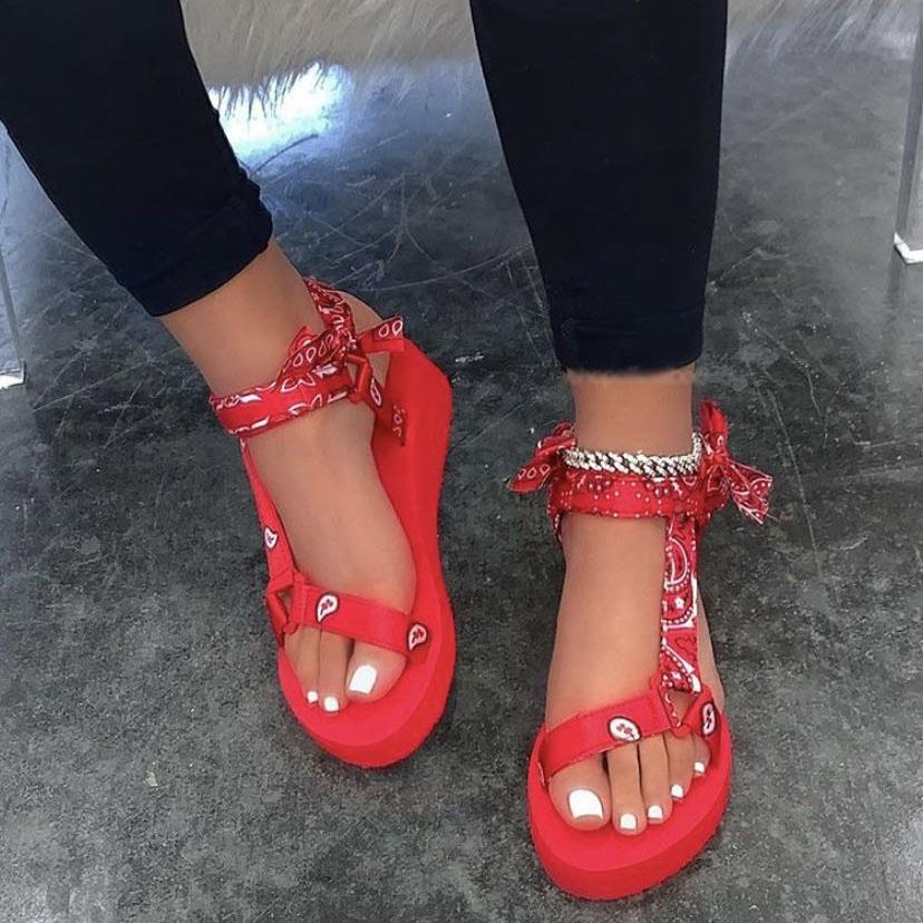 

Mixed Pattern Bandanna Women Sandals Flats Women's Summer Beach Shoes, Blue