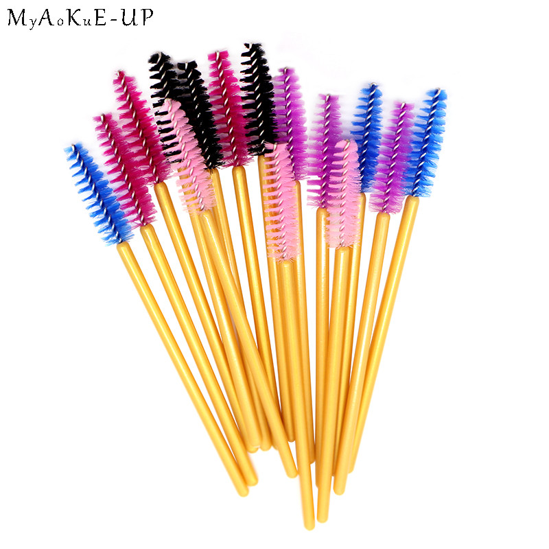 

Nice Golden Handle Brushes 5 Different Colors Mix 200pcs/lot Disposable Nylon Eyelash Brushes Mascara Wands Makeup Tools